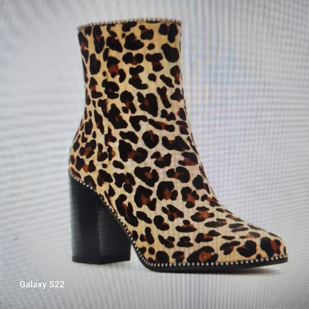 COACH Brown Drea Beadchain Leopard Block Heel Almond Toe Ankle Boots Booties 5 - Picture 2 of 14